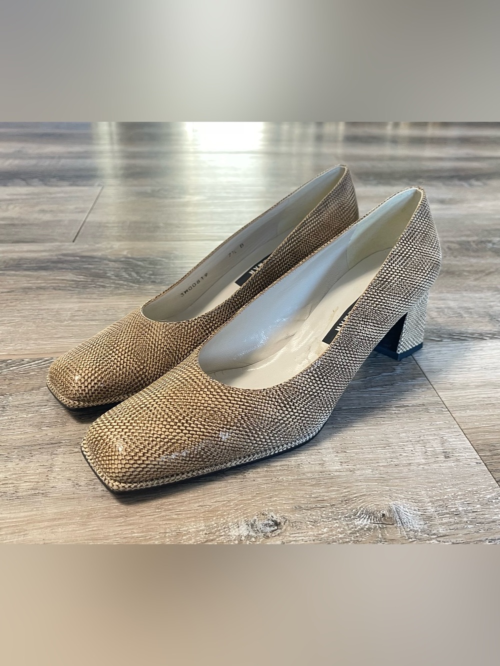 Stuart Weitzman Classic Beige Textured Block Heel Pumps - Women